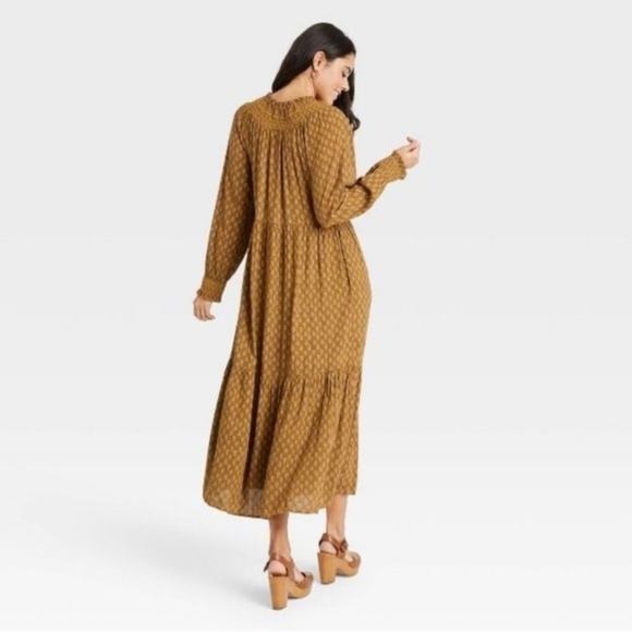 Universal Thread Warm Golden Brown Smocked Balloon Sleeve Tiered Midi Maxi Dress - Picture 7 of 10